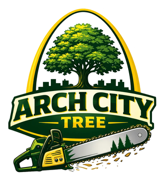 Arch City Tree logo with a green tree and chainsaw on a white background