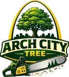 Arch City Tree logo with green tree, saw, and yellow-green text on white background