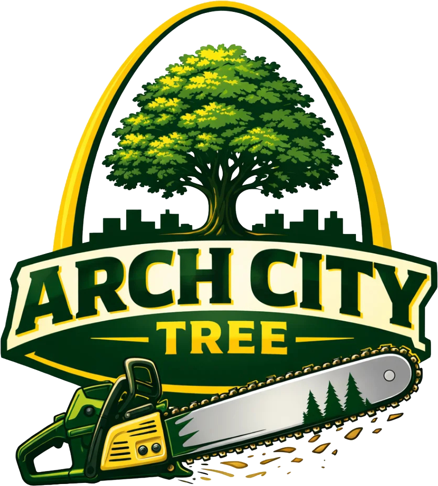 Arch City Tree logo with green tree, saw, and yellow-green text on white background
