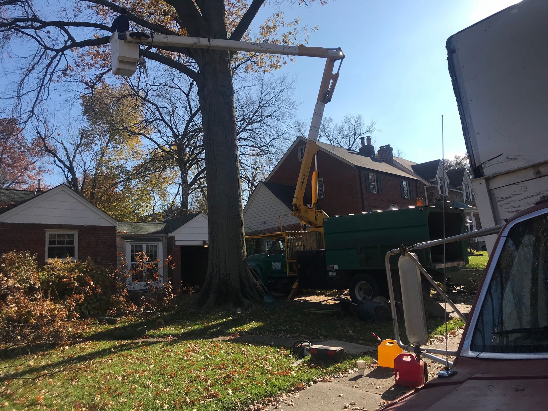 Backyard with large tree, house, and green utility truck beside a driveway in autumn sunlight