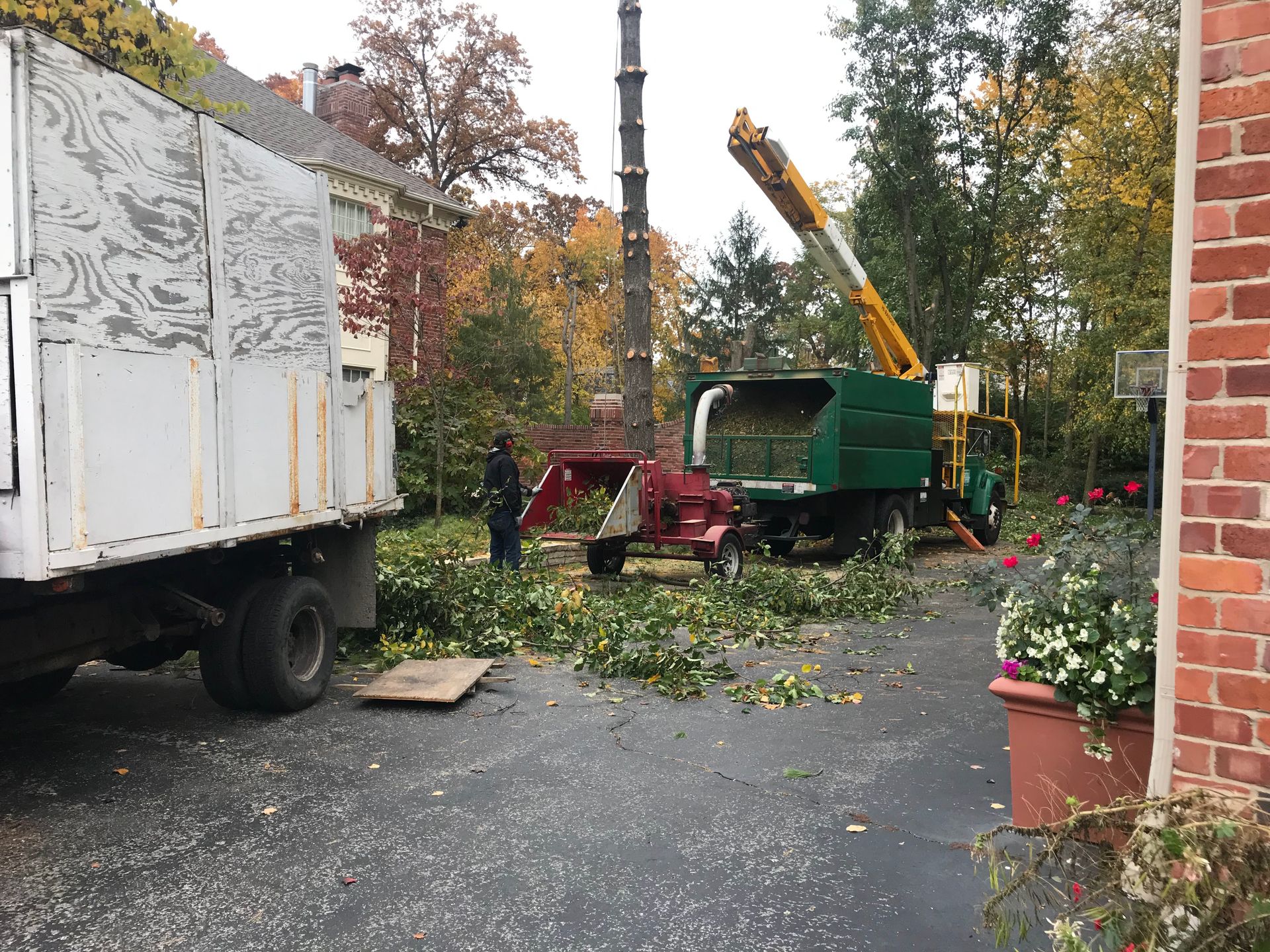 Tree-removal truck and chipper in a driveway beside a brick house, with fallen leaves and branches.