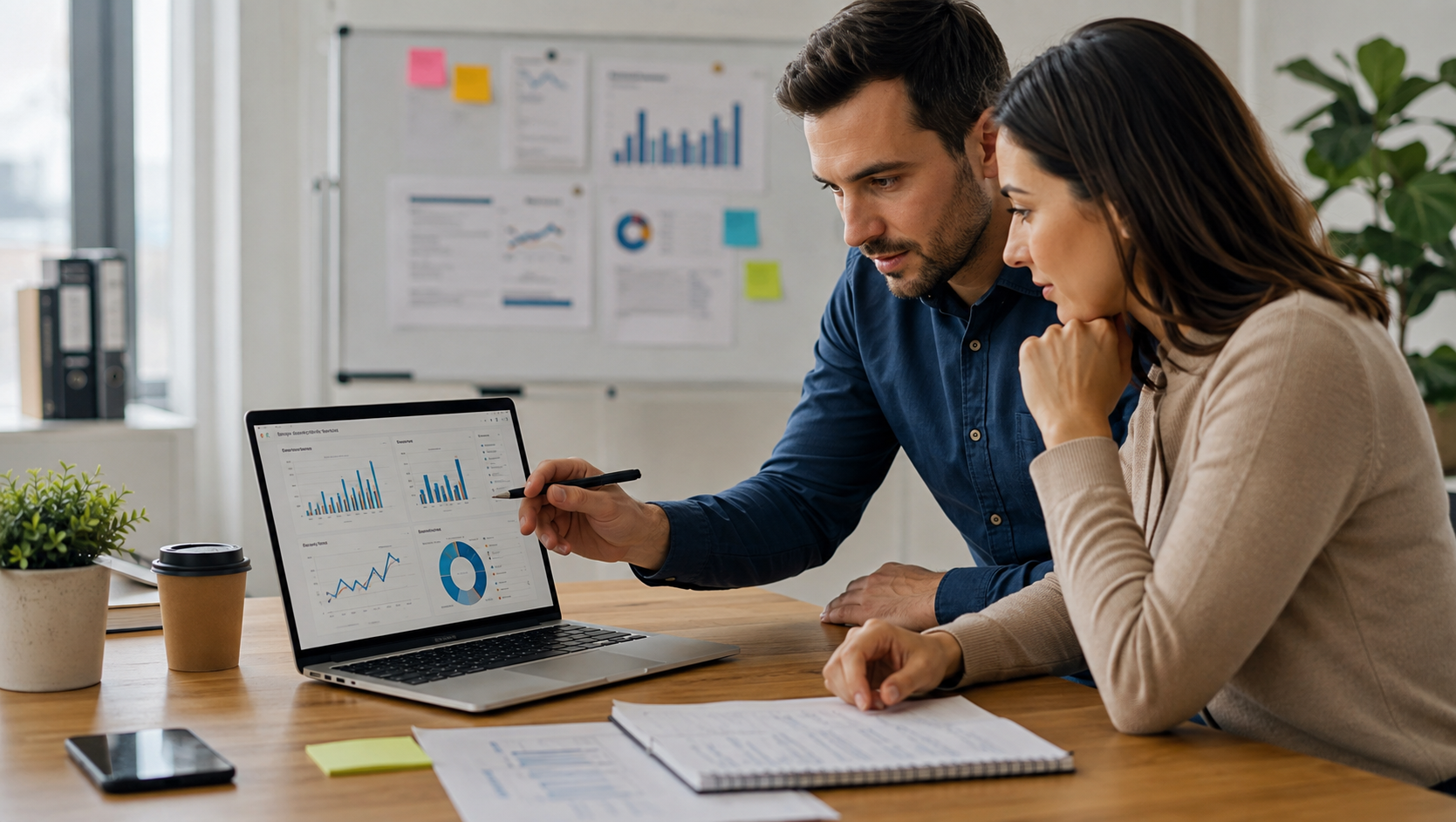 Dos profesionales revisan gráficos de marketing digital en una computadora