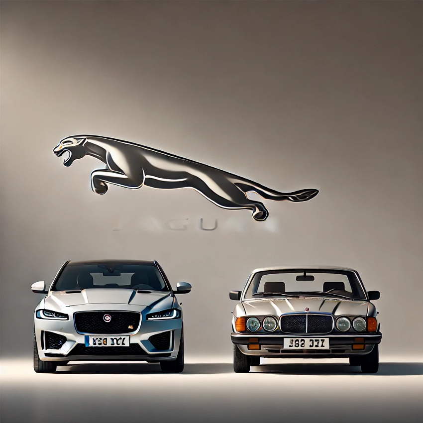 Two cars are parked next to each other under a jaguar logo