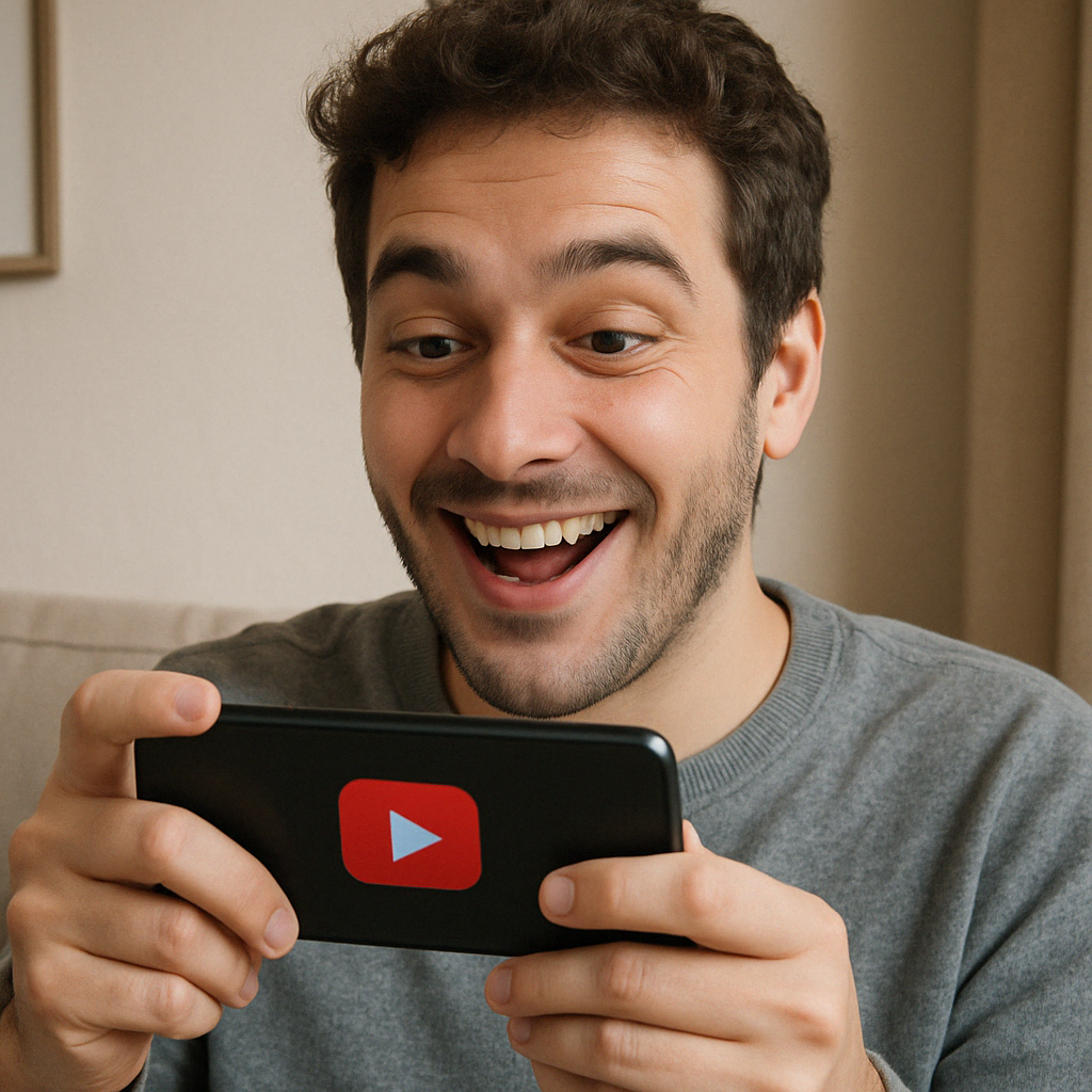 A man is smiling while holding a cell phone with a youtube logo on it.