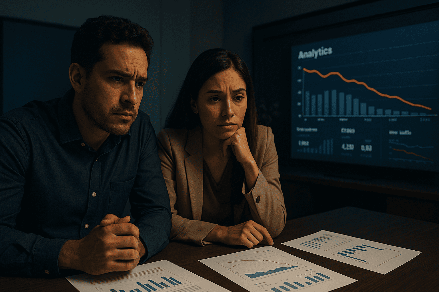 Two people concerned looking at marketing content charts with a declining graph.