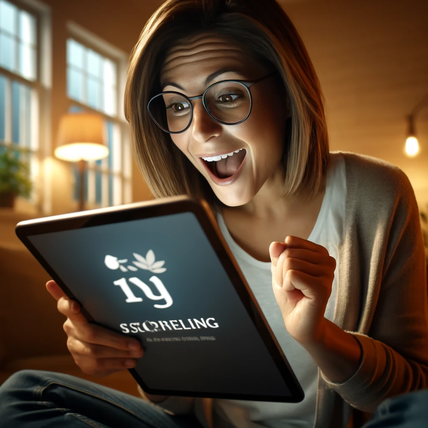 A woman wearing glasses is holding a tablet that says ivy