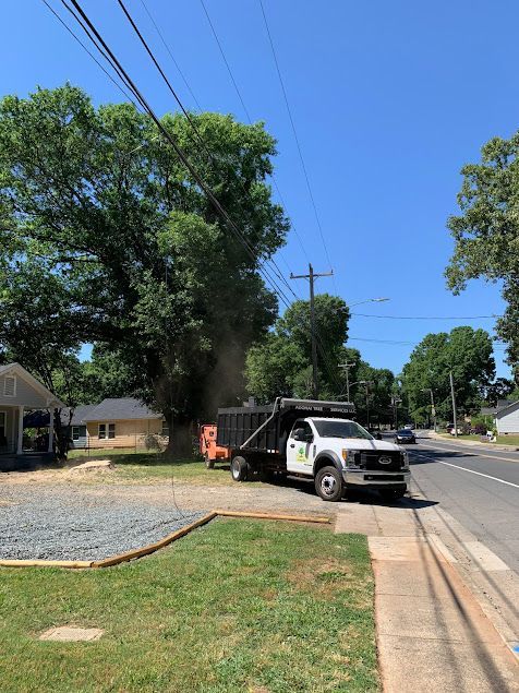 White utility truck parked by a roadside driveway under blue sky, with trees and a house nearby