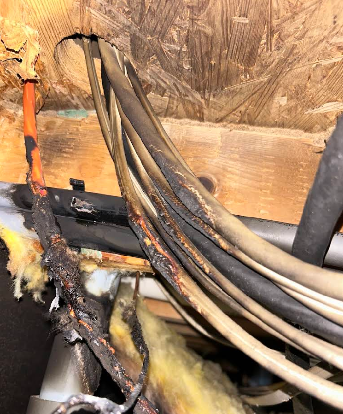 Burned electrical cables and insulation inside a damaged wall cavity