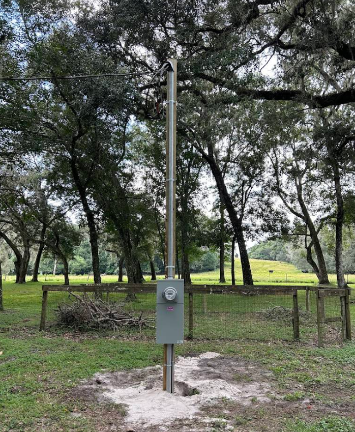 Electrical utility box and pole in a wooded park clearing, with trees and a fence in the background.