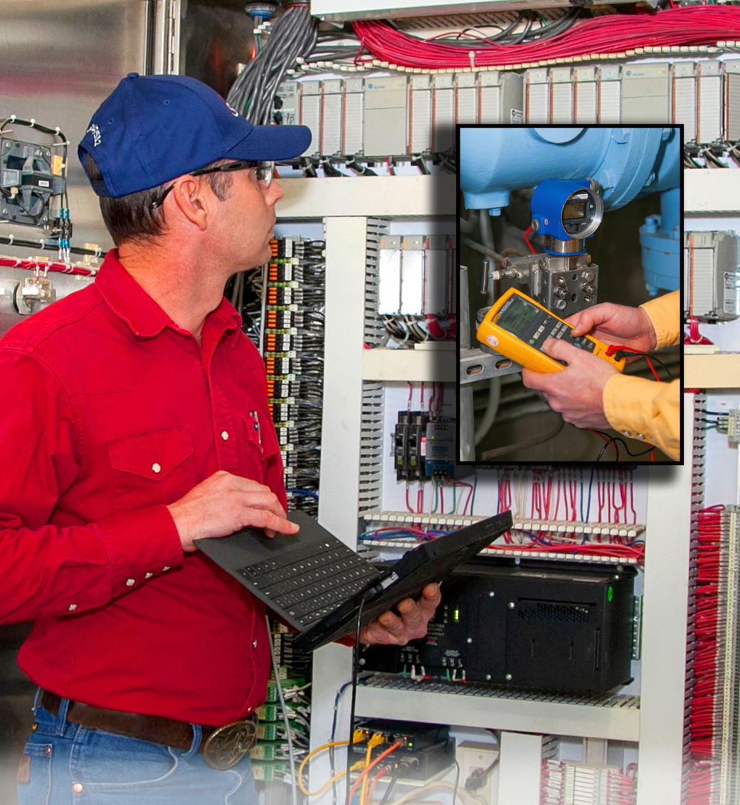 Technician in red shirt inspecting server rack with laptop; inset shows close-up of wiring test.