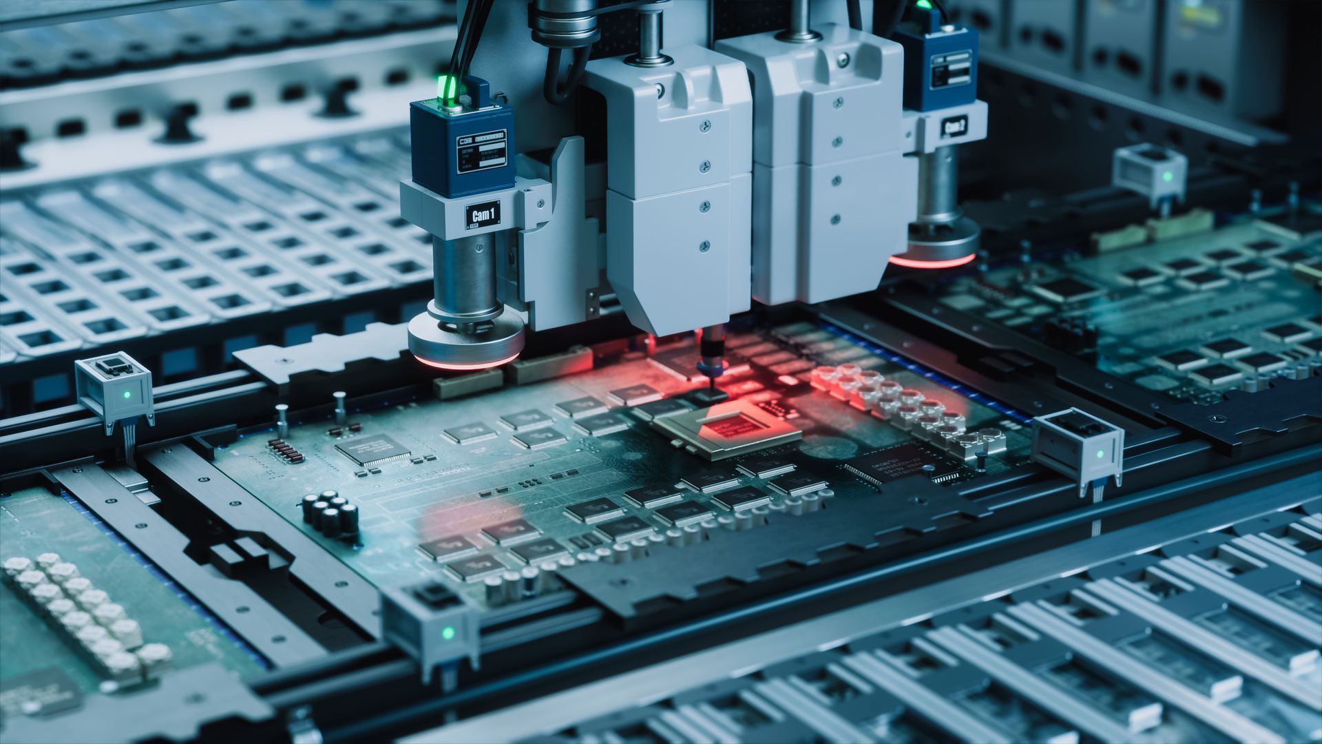 Technician operating a machine in a workshop, using a hand lever beside a digital control panel.