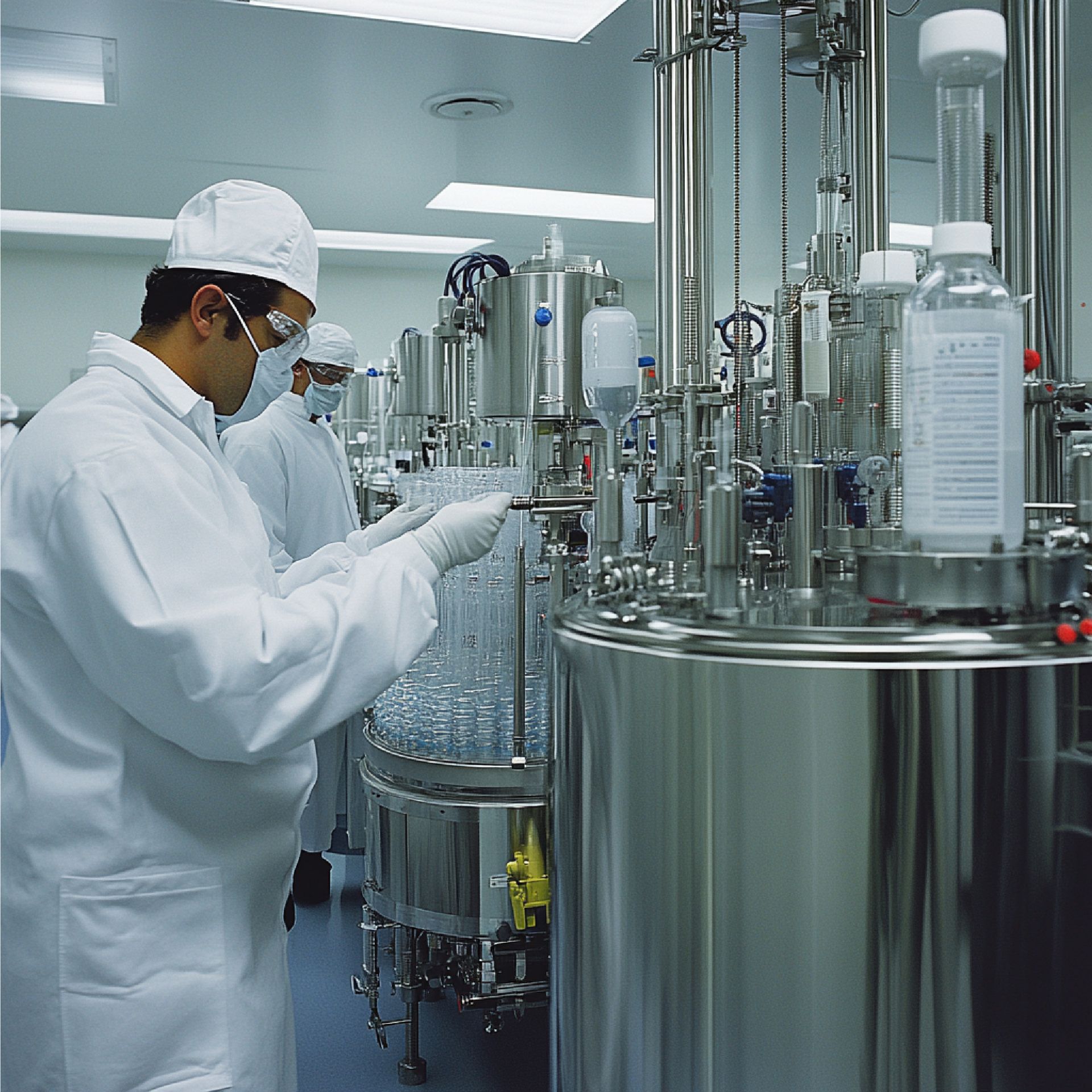 Un hombre con bata inspecciona equipo farmacéutico. Ambiente estéril blanco.