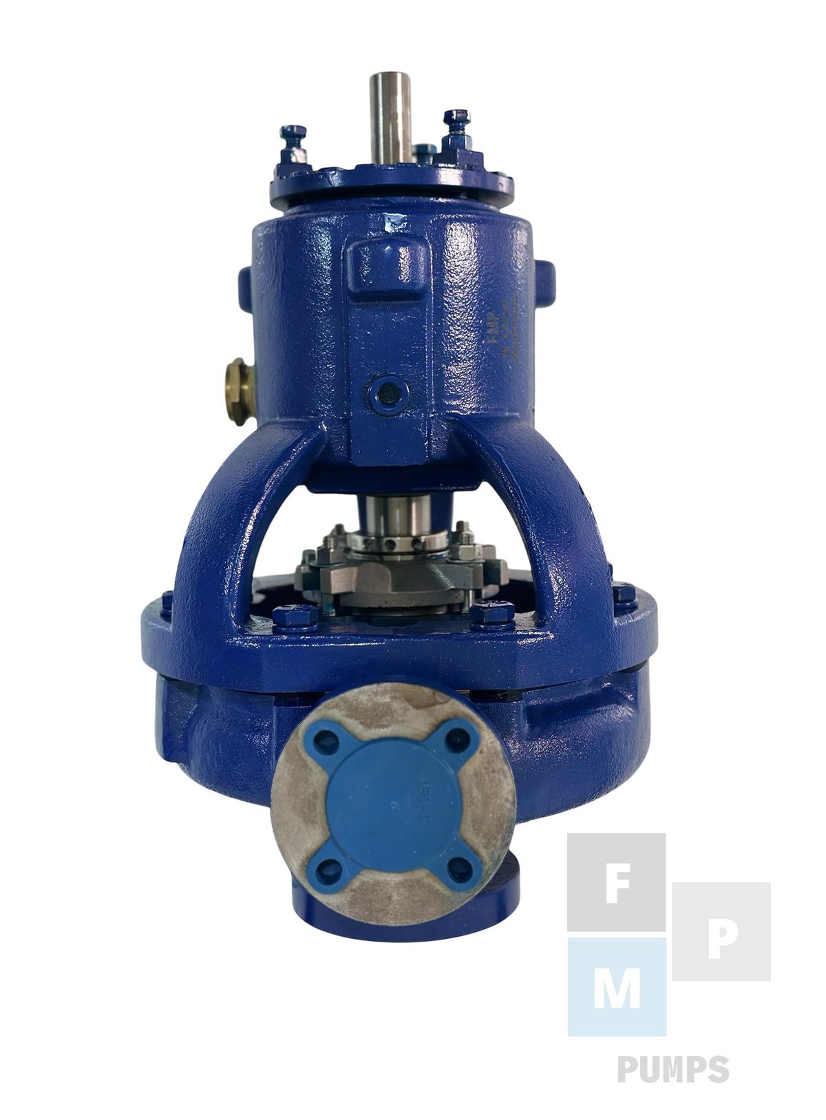 Bomba industrial de color azul con brida cuadrada, eje metálico y tapa redonda.