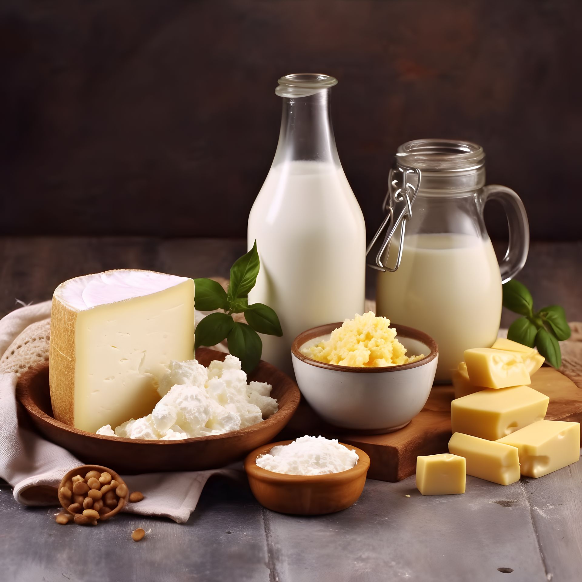 Productos lácteos: queso, leche embotellada, mantequilla y requesón.