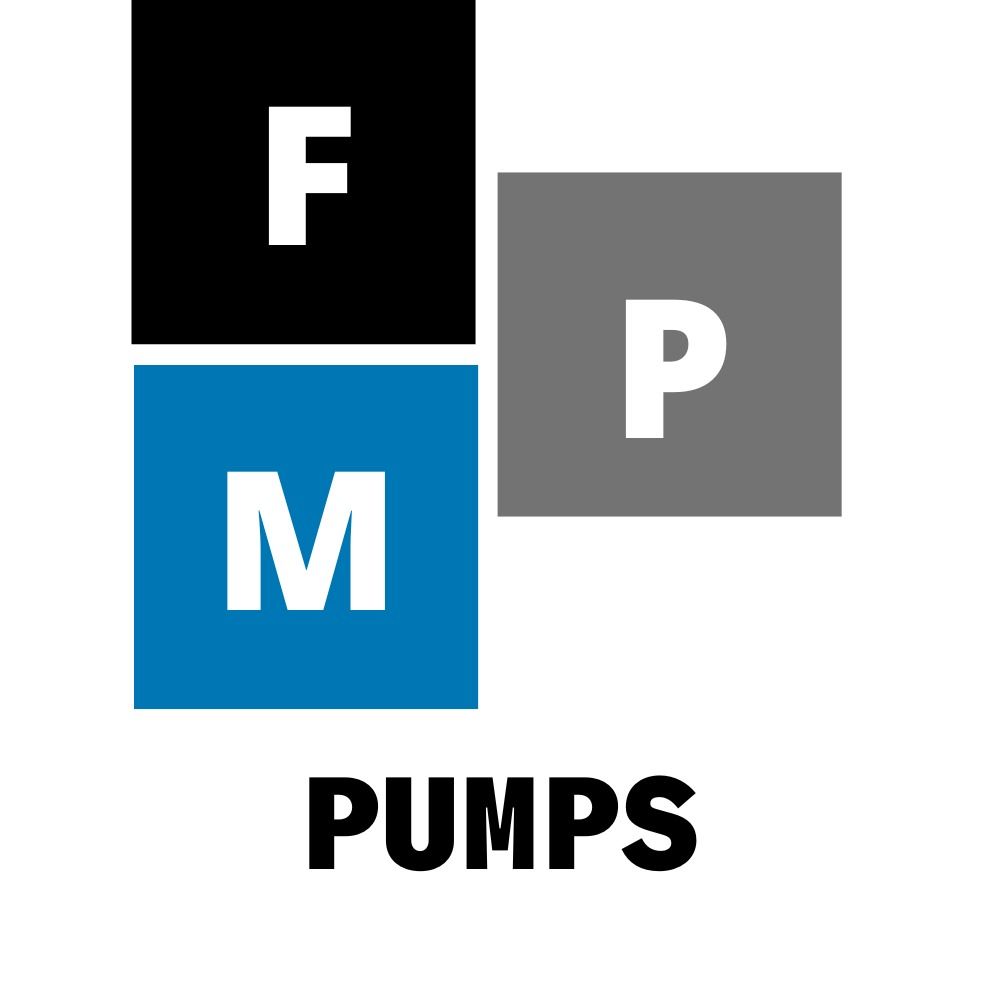 Logotipo de FMP Pumps con cuadrados negros, azules y grises que forman las letras F, M y P. Texto 