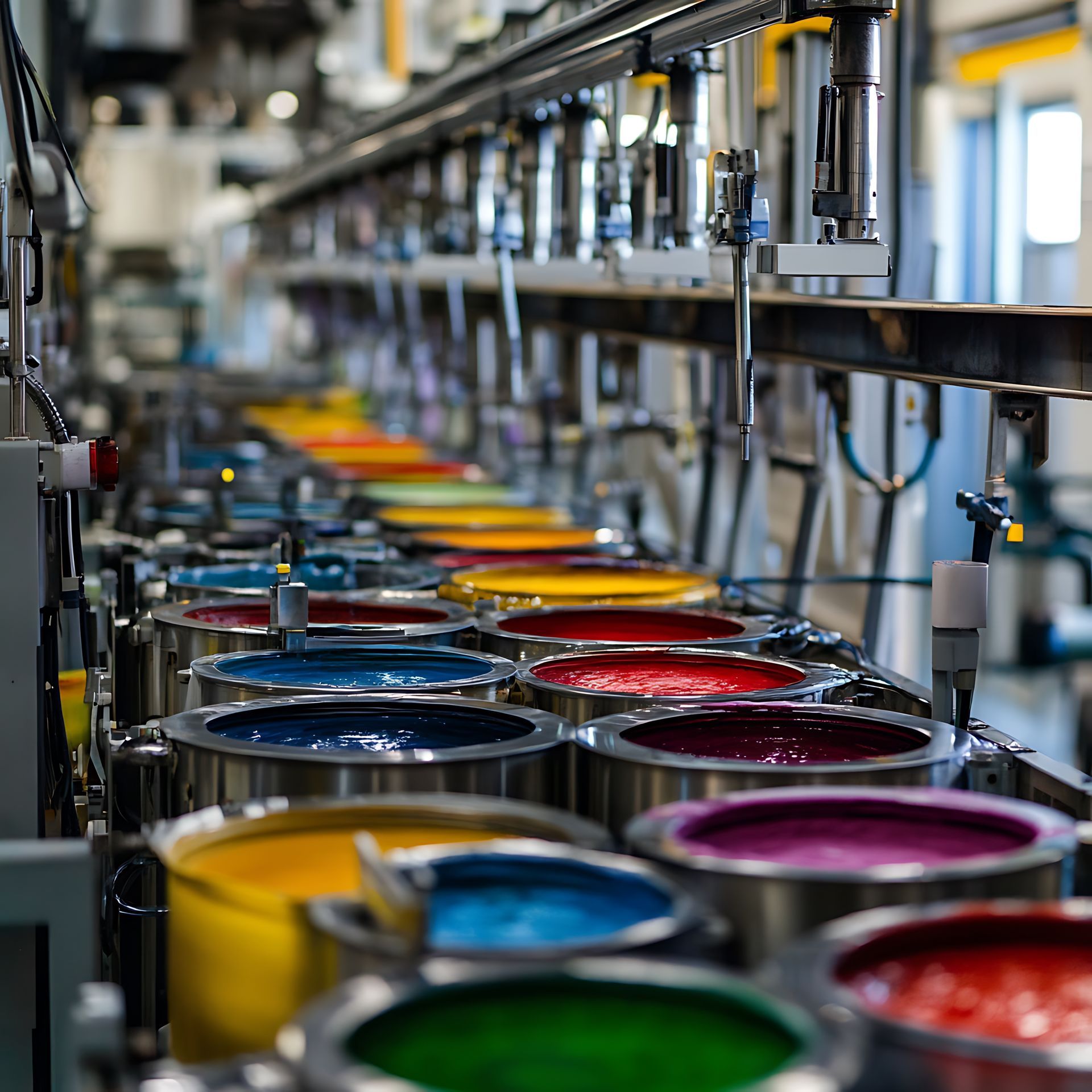 Cubos de pintura de colores en una línea de producción, entorno industrial.