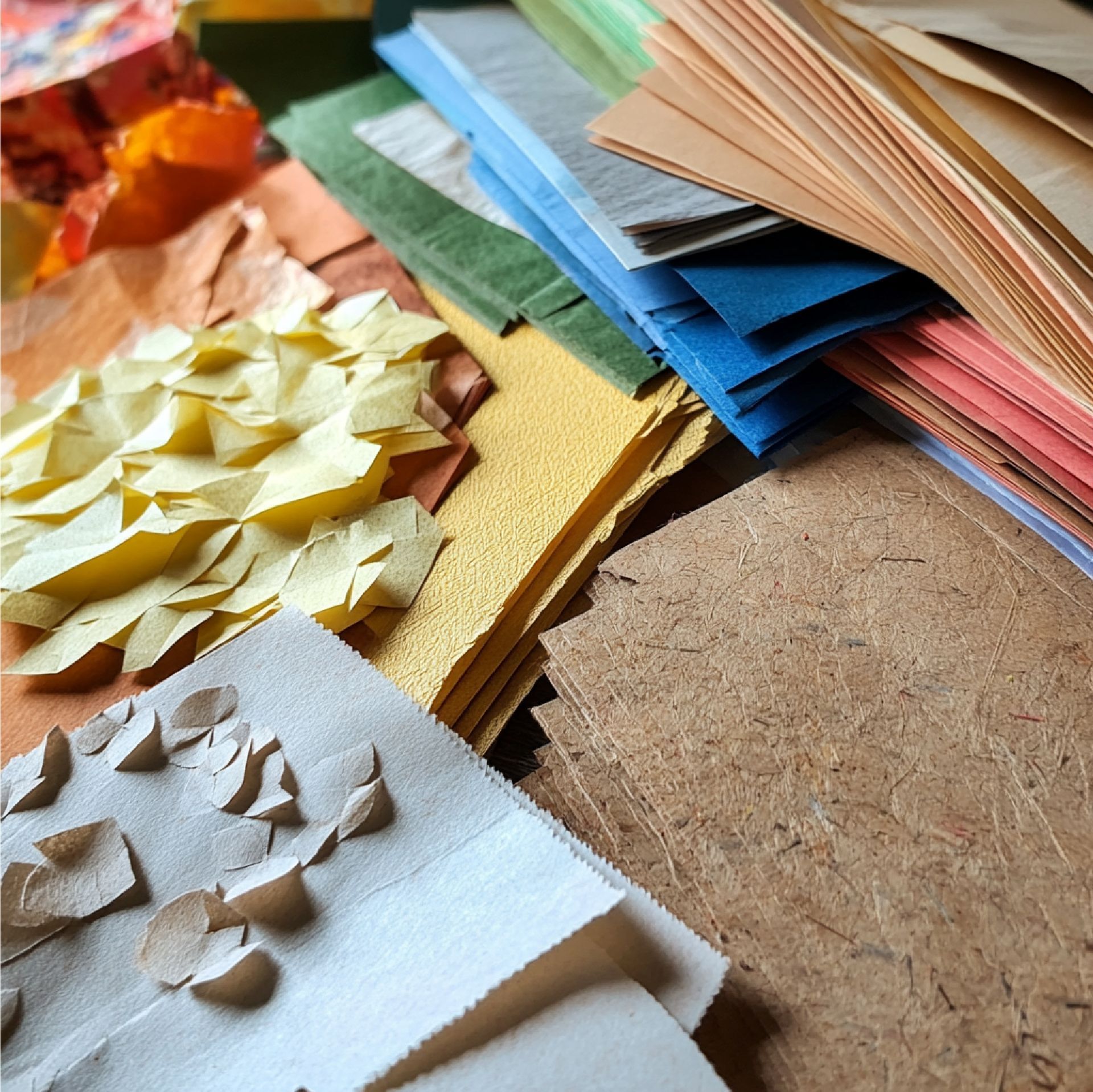Primer plano de hojas de papel texturizadas de colores, algunas cortadas y en capas, dispuestas en una pila.