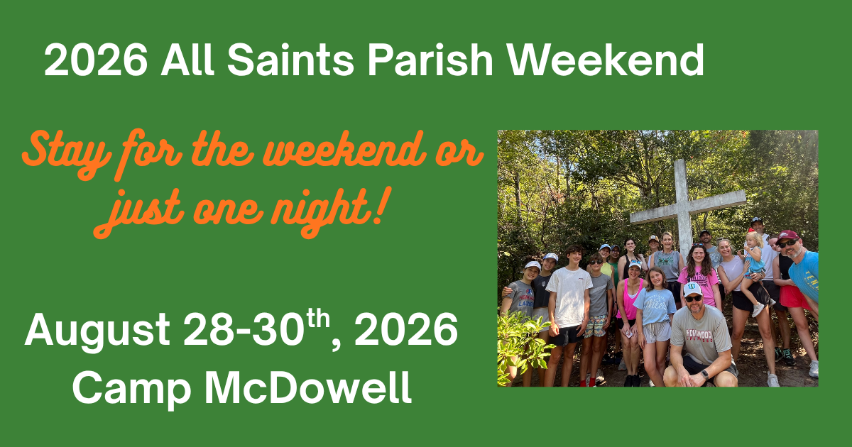 An advertisement for a parish weekend on august 23-25