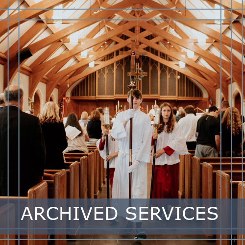 A group of people are standing in a church with the words archived services on the bottom