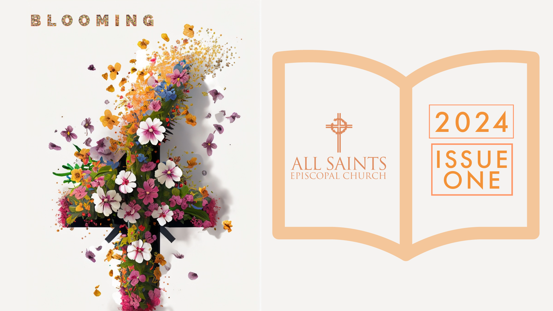 A cross made of flowers next to an open book.