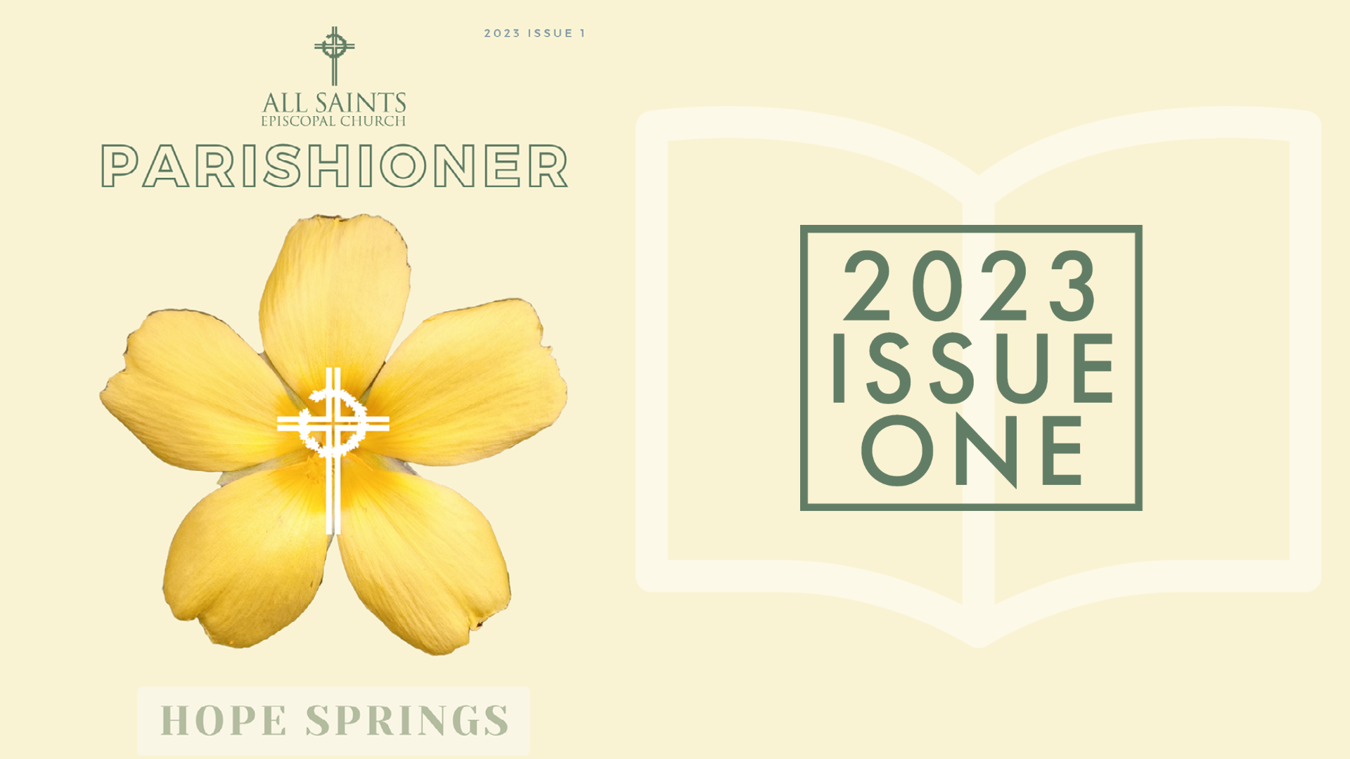 A yellow flower with a cross on it is on a yellow background next to a book.