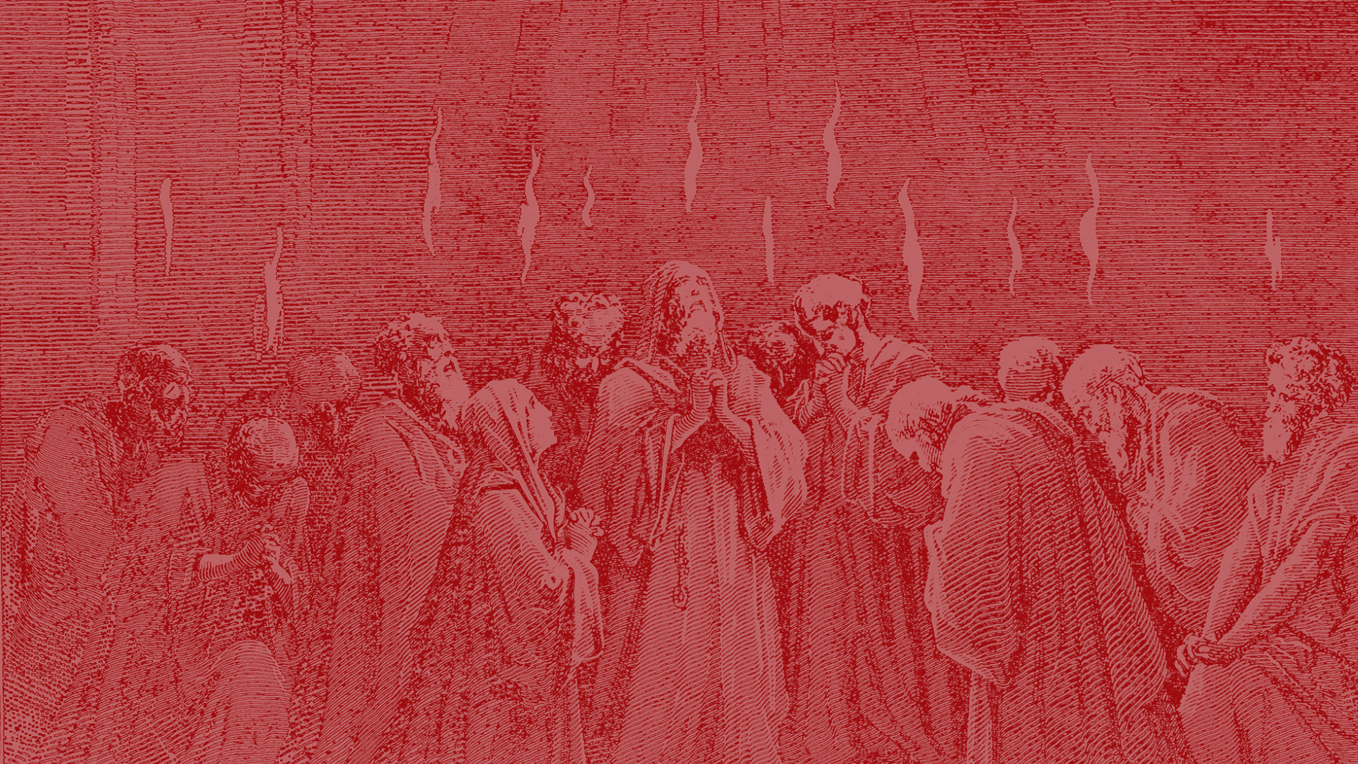 A group of people standing next to each other on a red background.