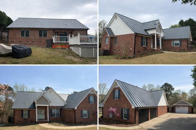 A four-panel collage showing different exterior views of a red brick house with a dark metal roof.