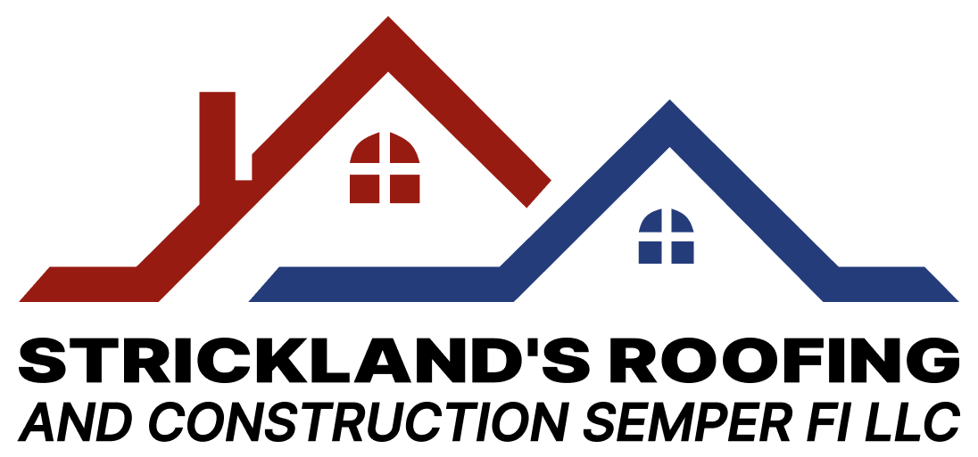 Logo of Strickland's Roofing. Features two house illustrations in red and blue, with black text below.