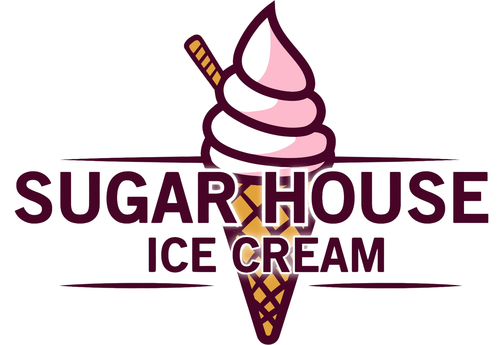 Sugar House Ice Cream logo: swirl ice cream cone with wafer, text "Sugar House Ice Cream".