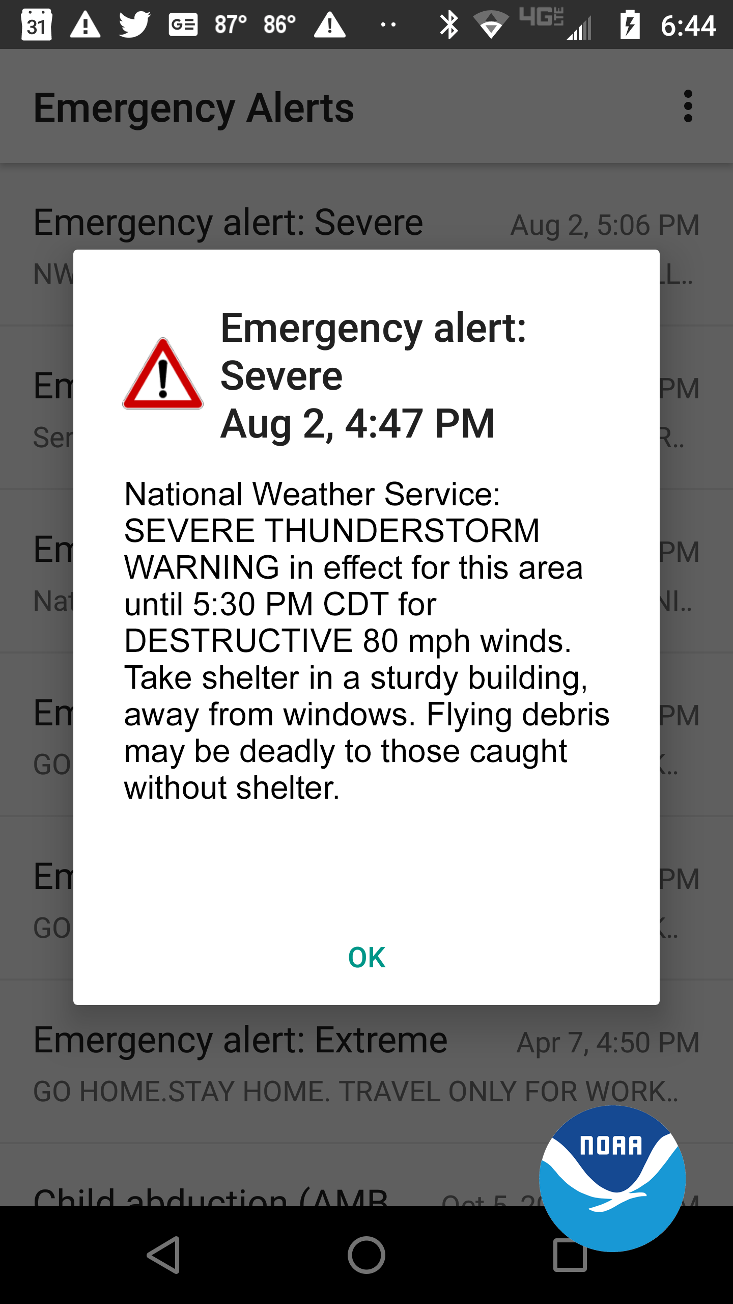 A screenshot of an emergency alert on a cell phone.