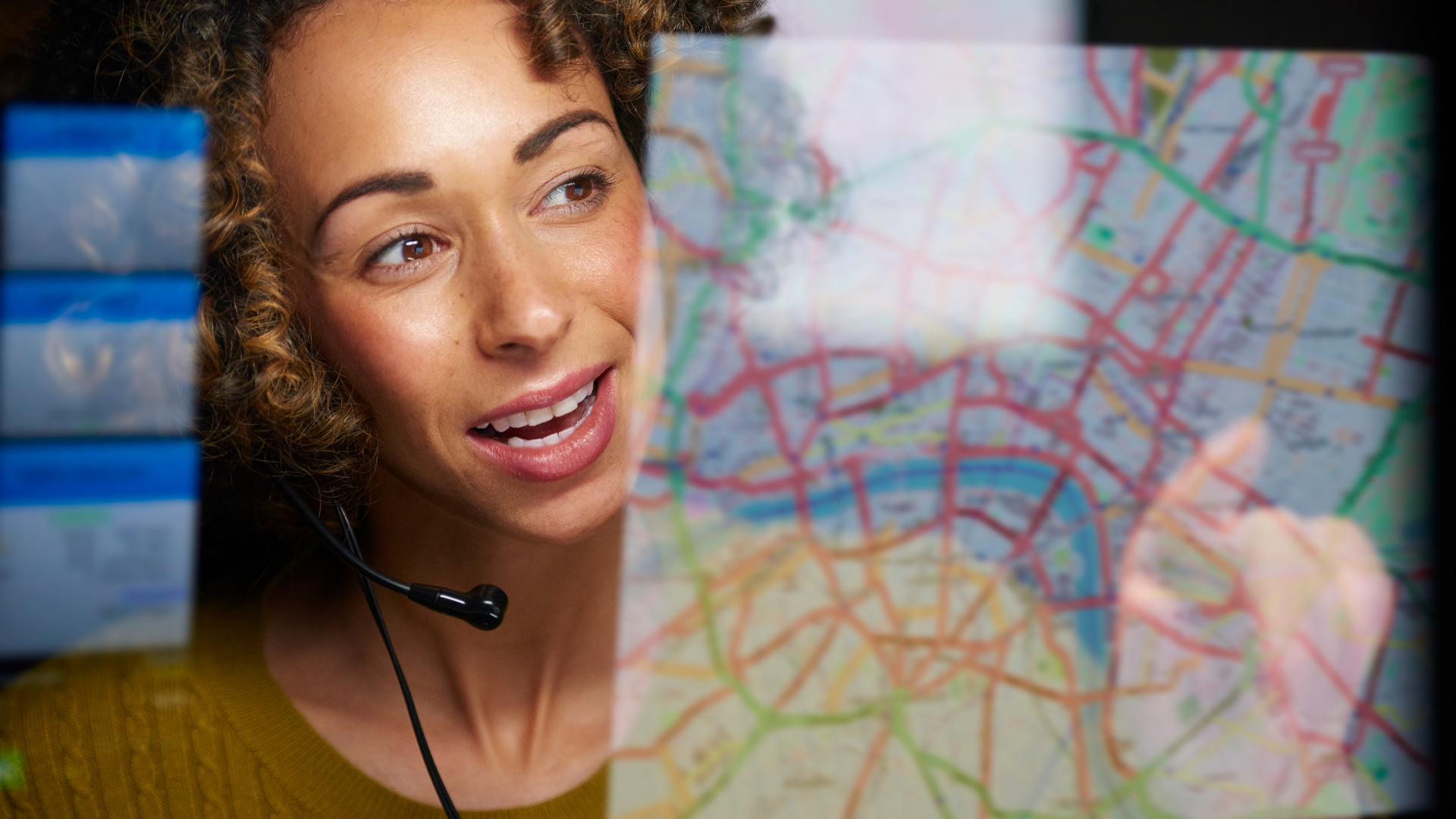 female dispatcher wearing headset looking at computer map