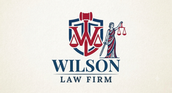 Wilson Law Firm logo with blue and red scales of justice icon and text on a light background