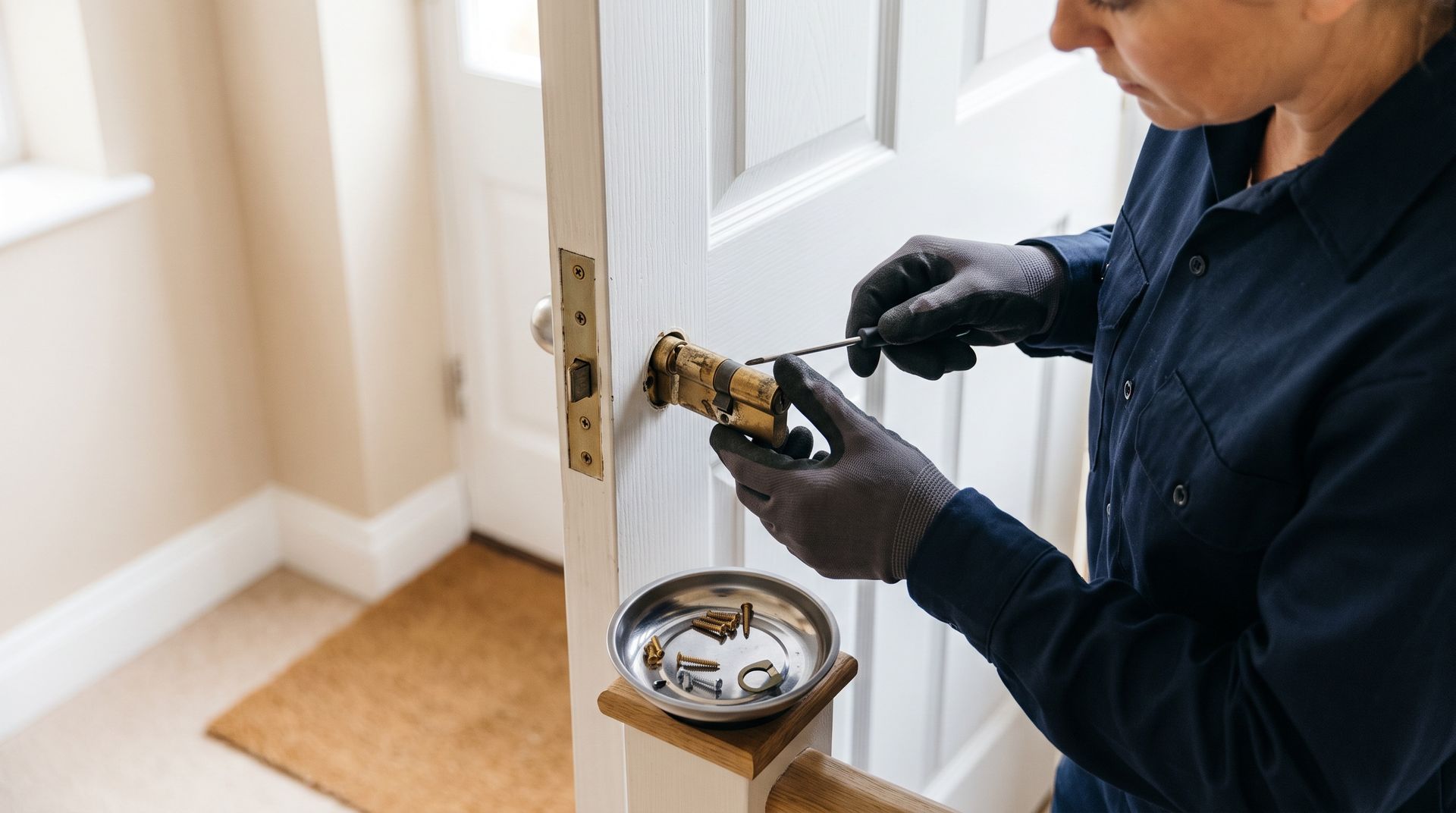Locksmith removing old lock cylinder