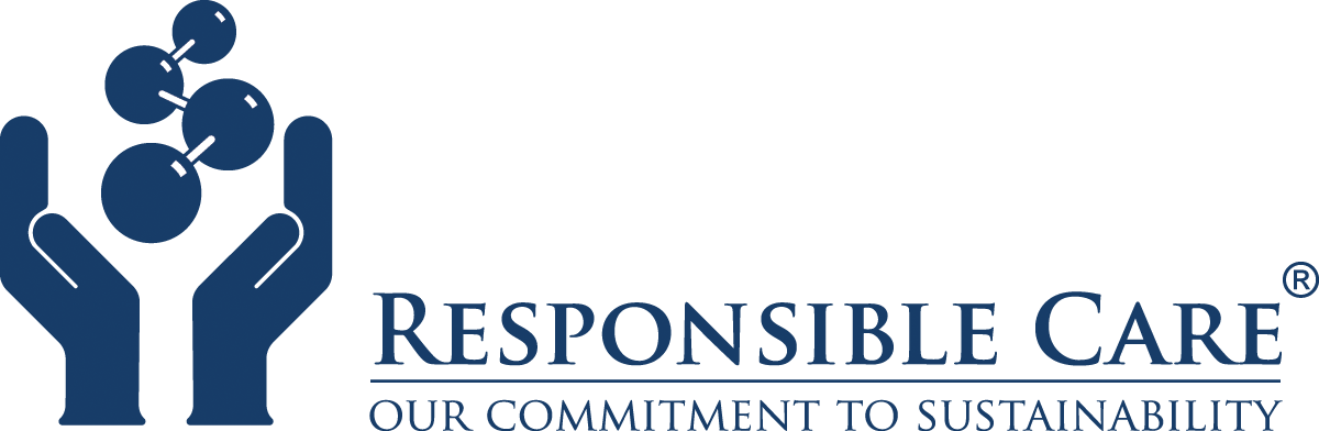 The logo for responsible care shows two hands holding a molecule
