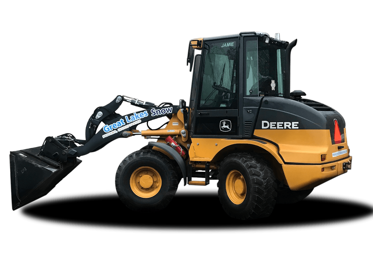 A yellow and black deere wheel loader with a black bucket on a white background.