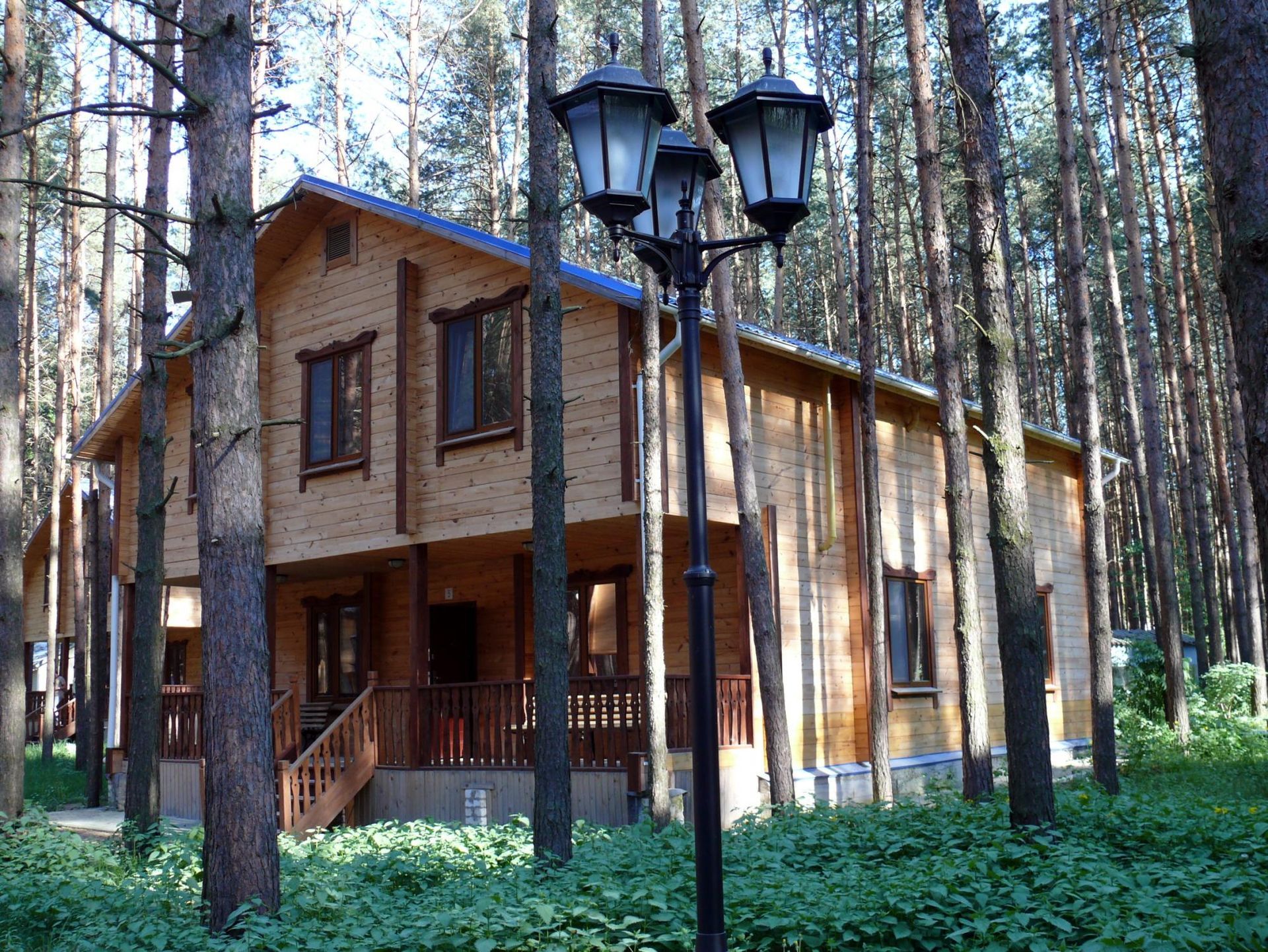 A large wooden house in the middle of a forest