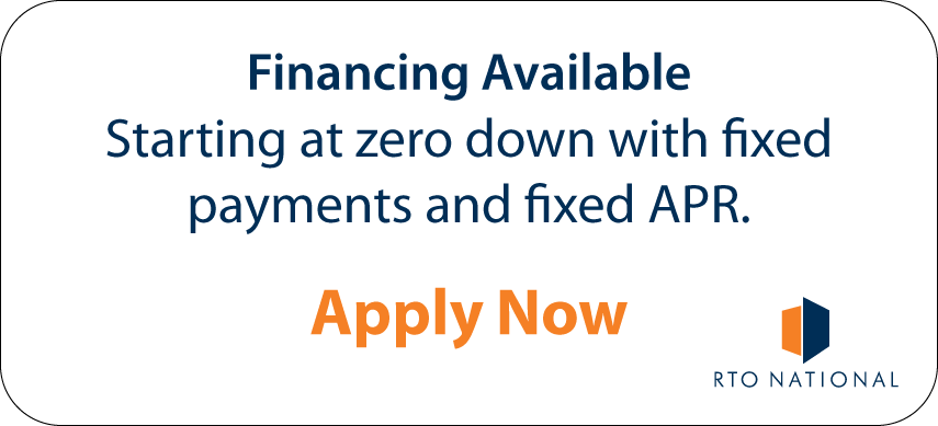 Financing Available ad with fixed payments and fixed APR; orange “Apply Now” button on white background.