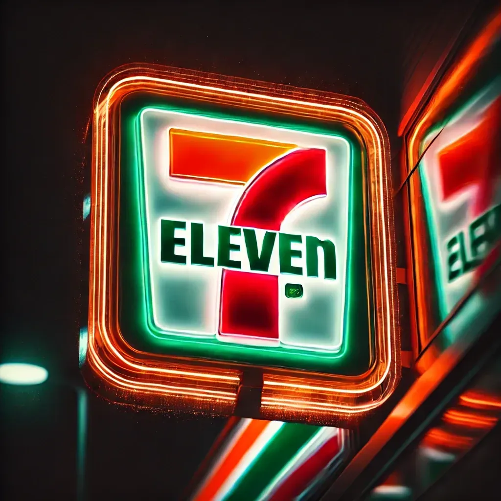 A neon sign for 7 eleven is lit up at night