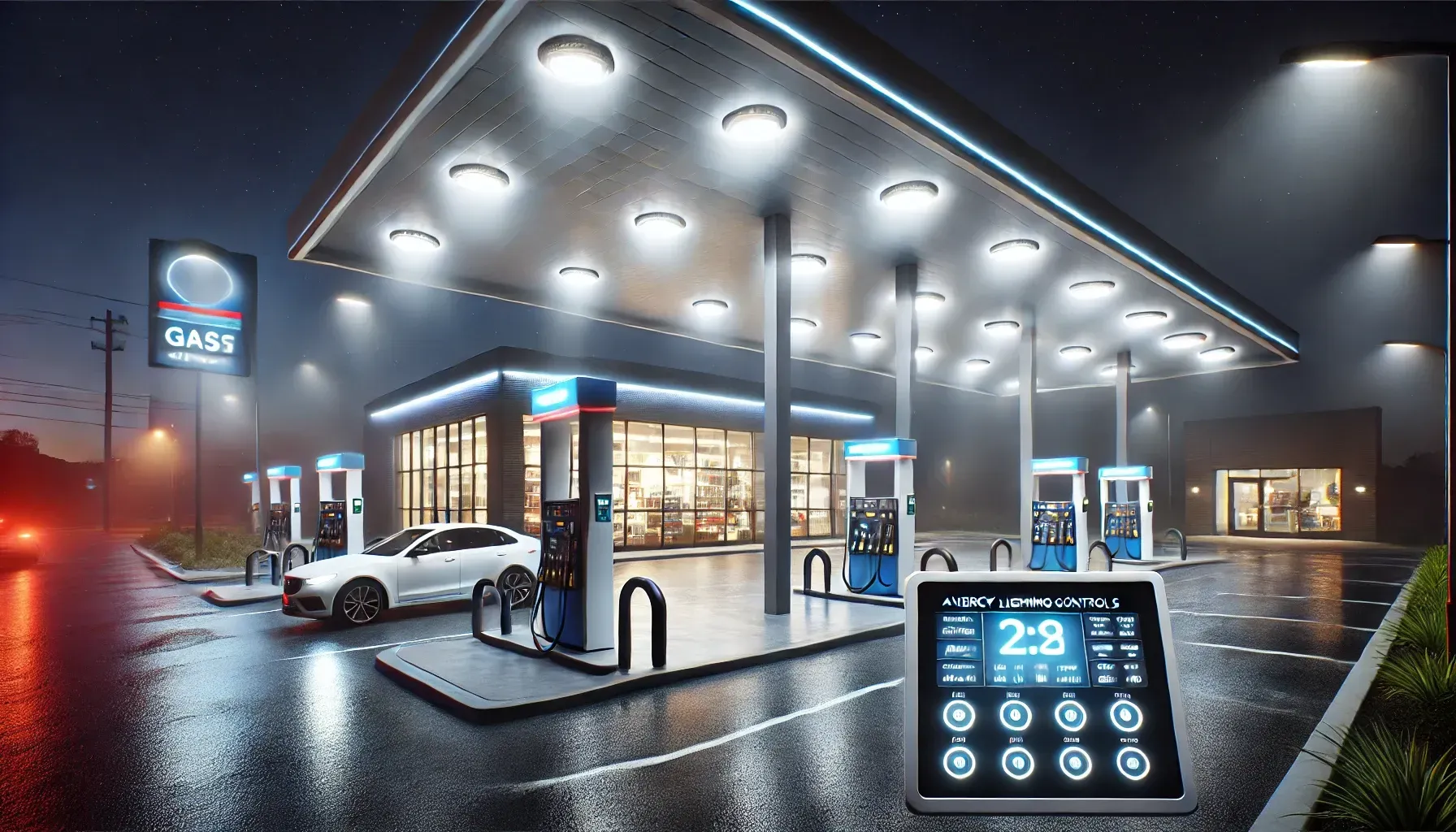 A gas station with a car parked in front of it at night.