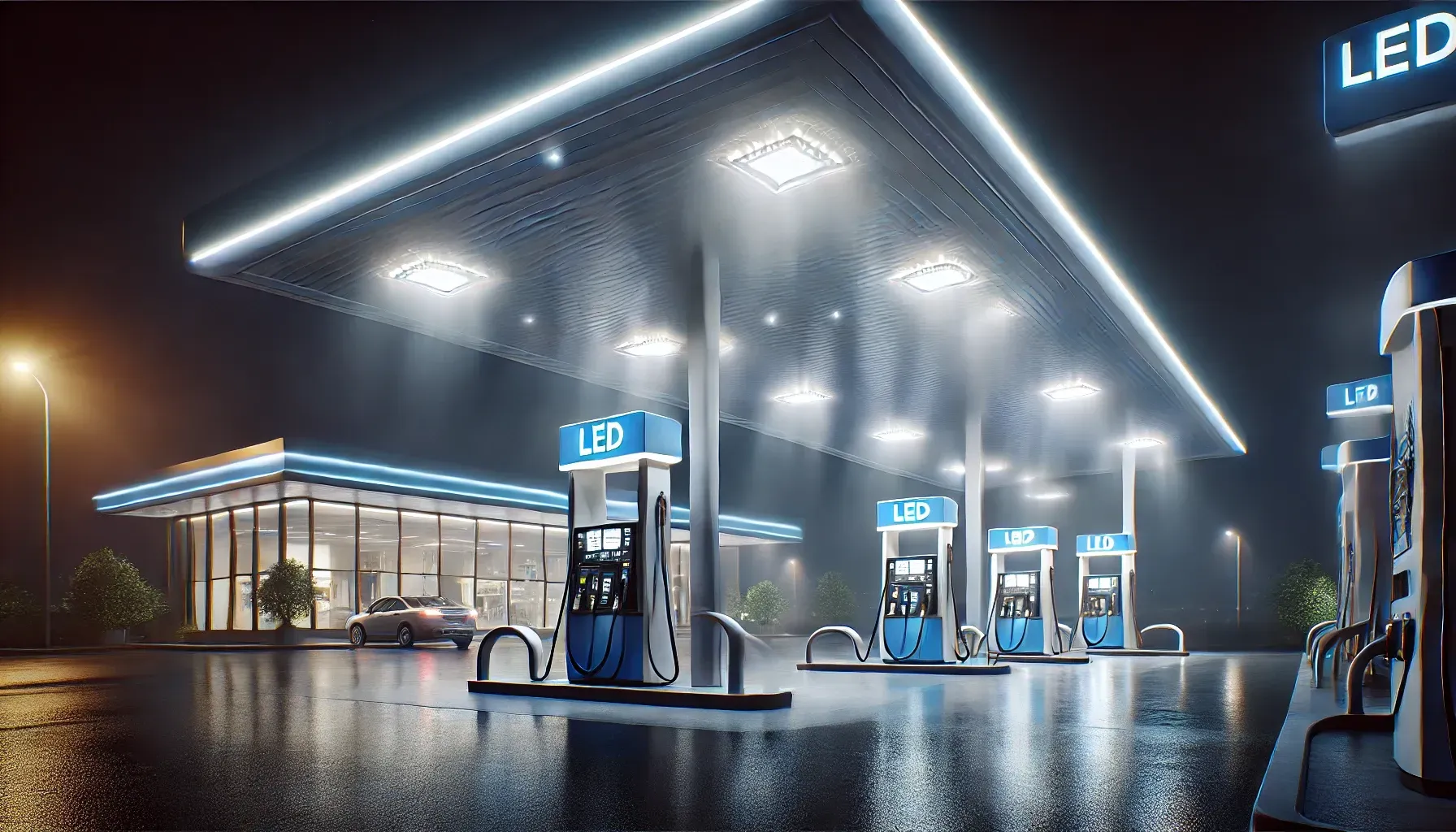 A gas station is lit up at night with a car parked in front of it.