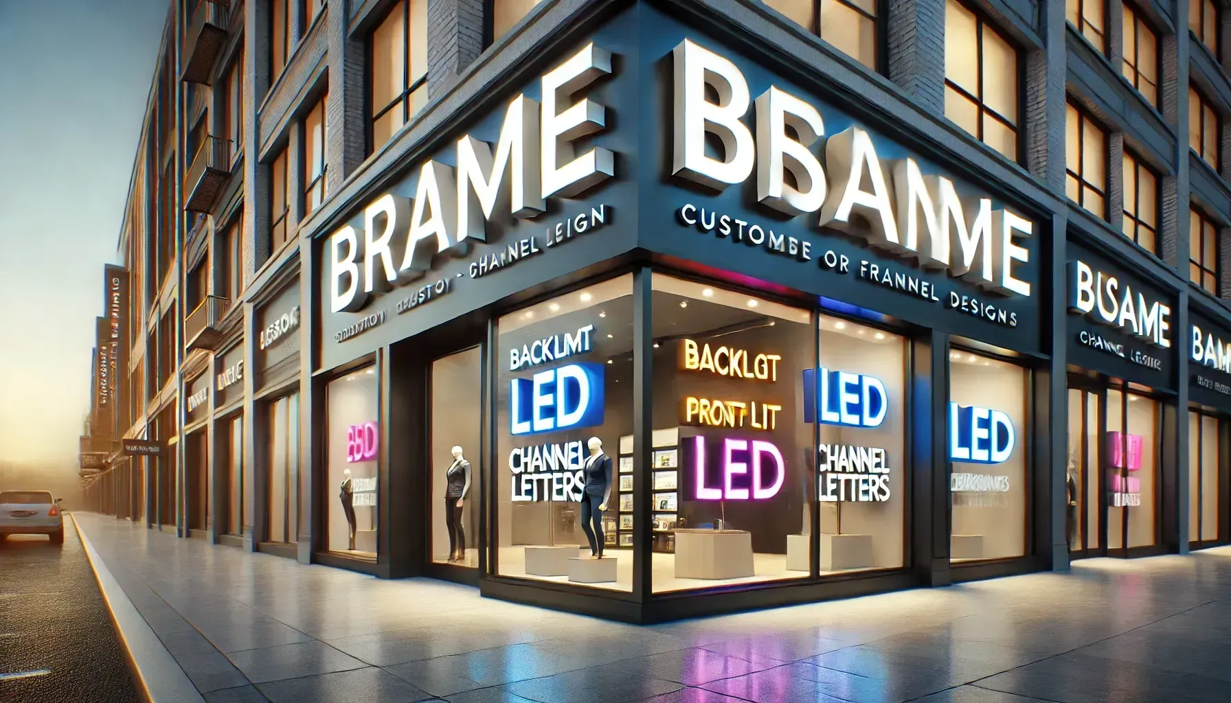 A large building with a lot of windows and signs on it.