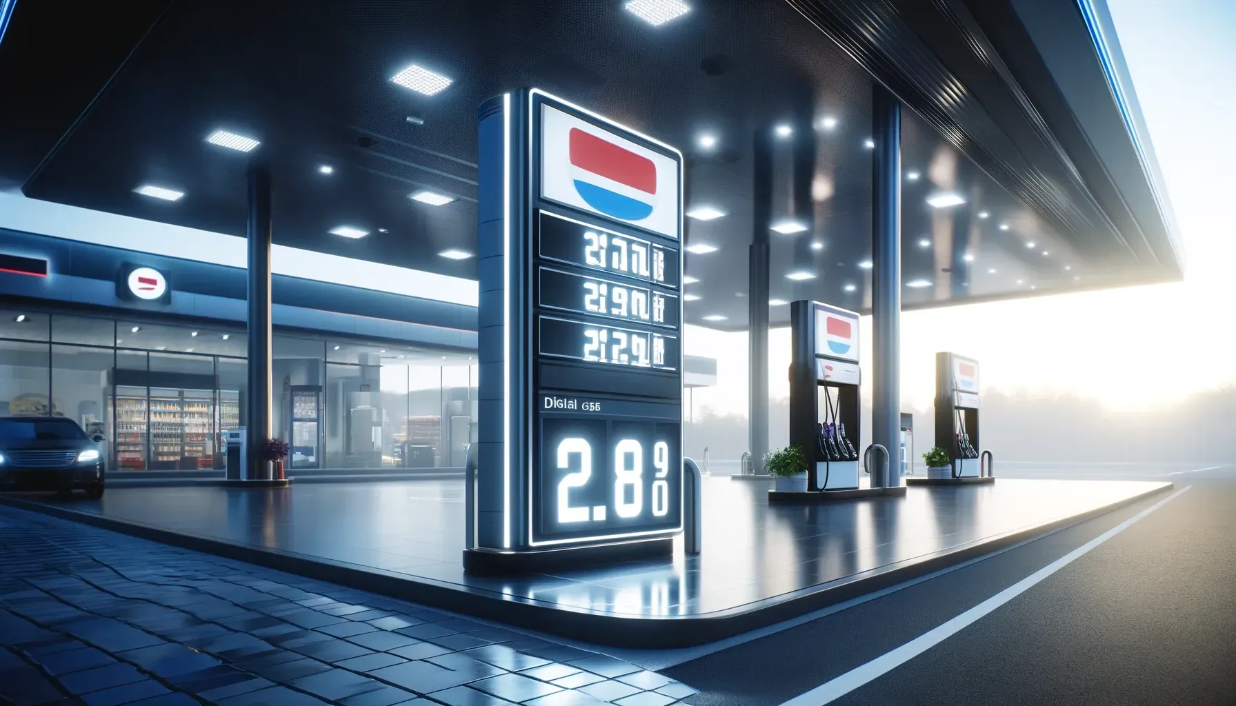 A gas station with a car parked in front of it.