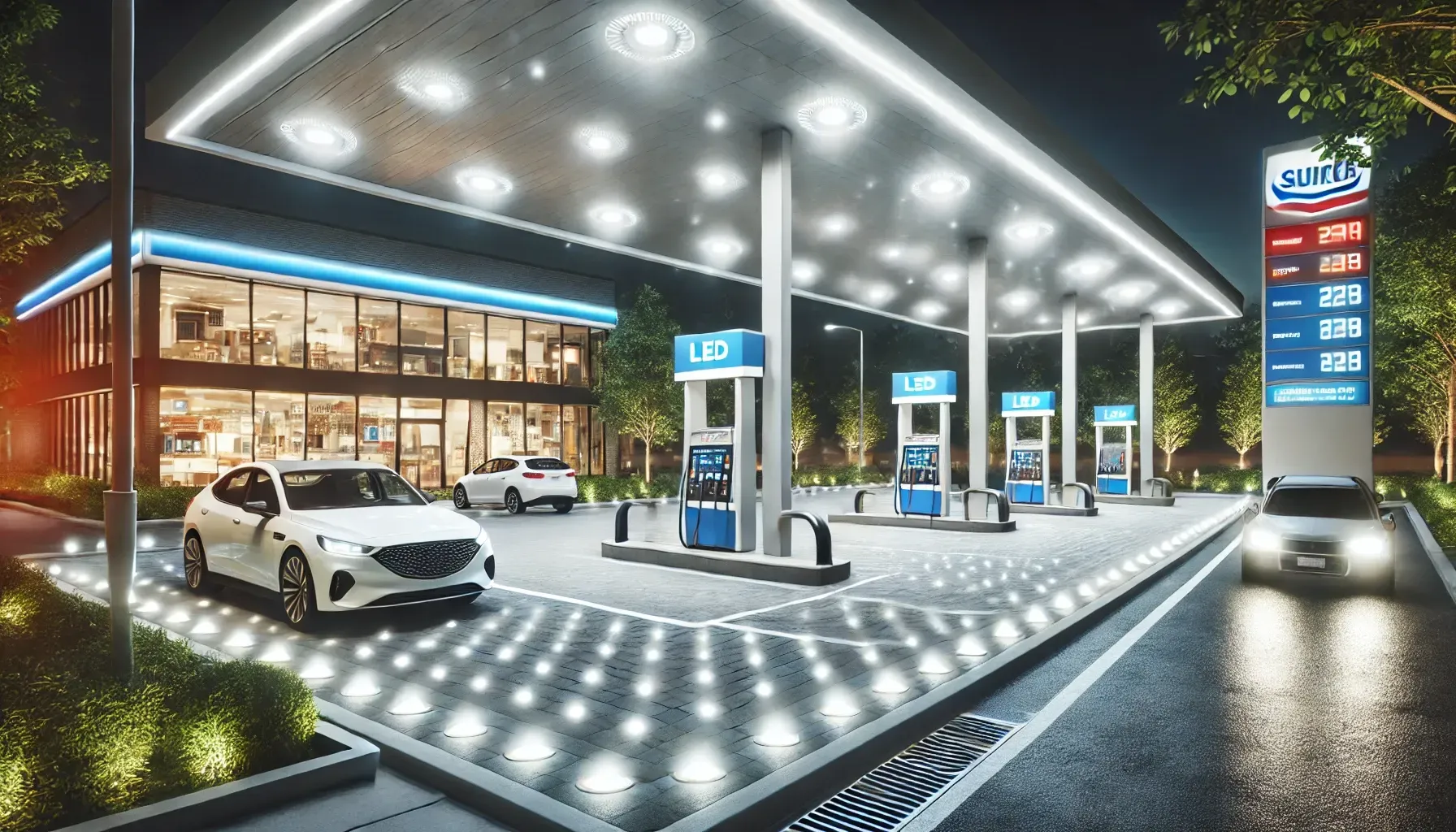 A car is parked in front of a gas station at night.