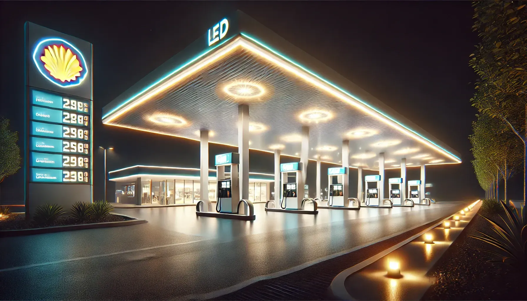 A gas station with a sign that says led on it