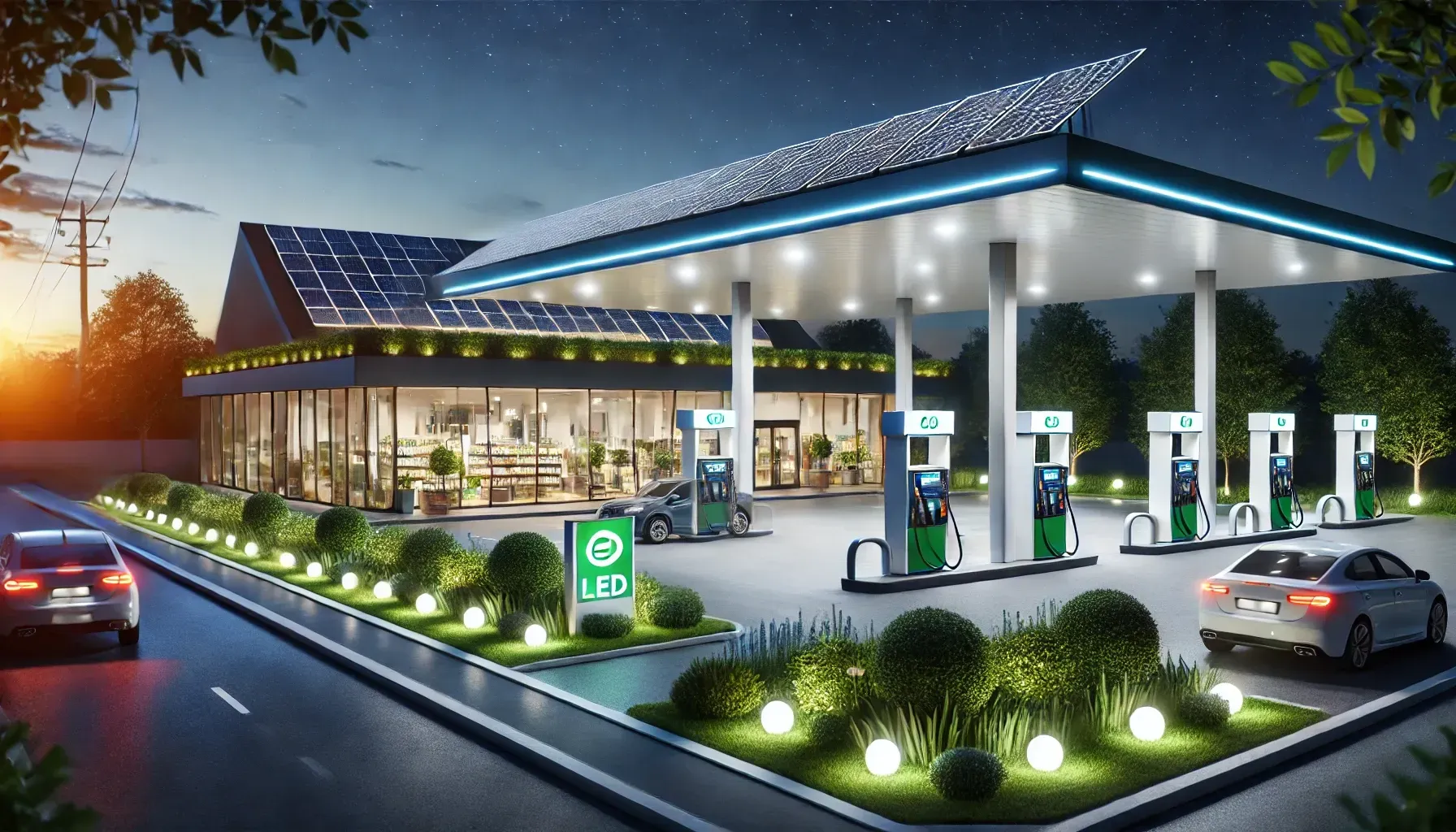 An artist 's impression of a gas station with solar panels on the roof.