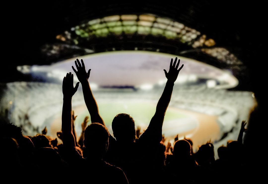 A crowd of people are standing in a stadium with their hands in the air.