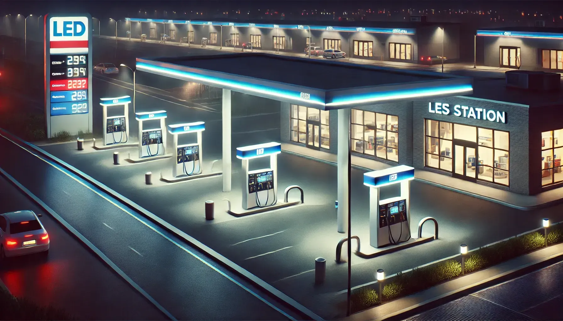 An aerial view of a gas station at night