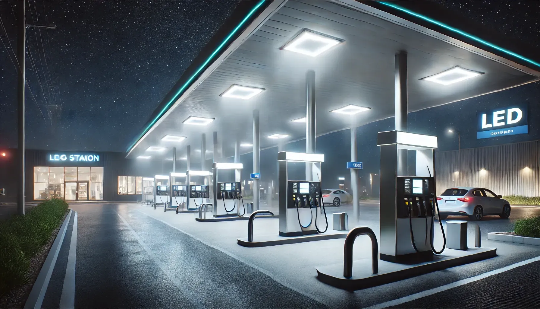 A gas station with a sign that says led on it
