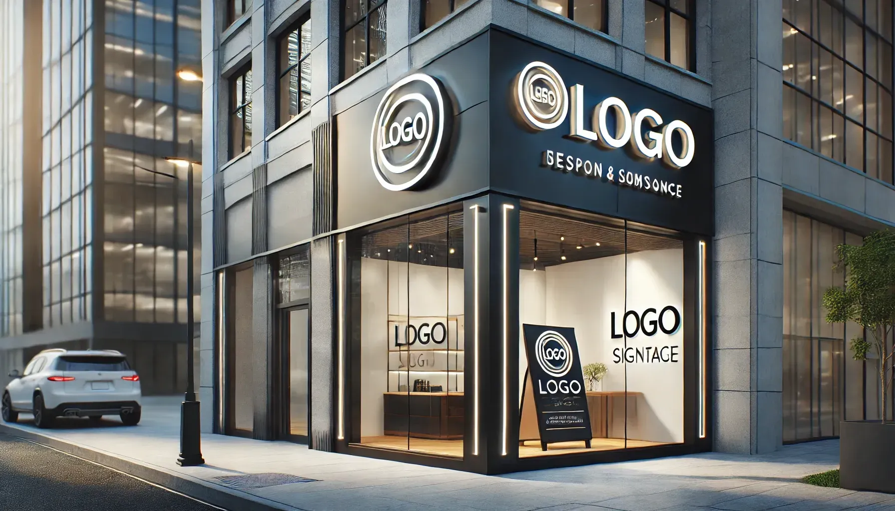 A car is parked in front of a building with a logo on it.