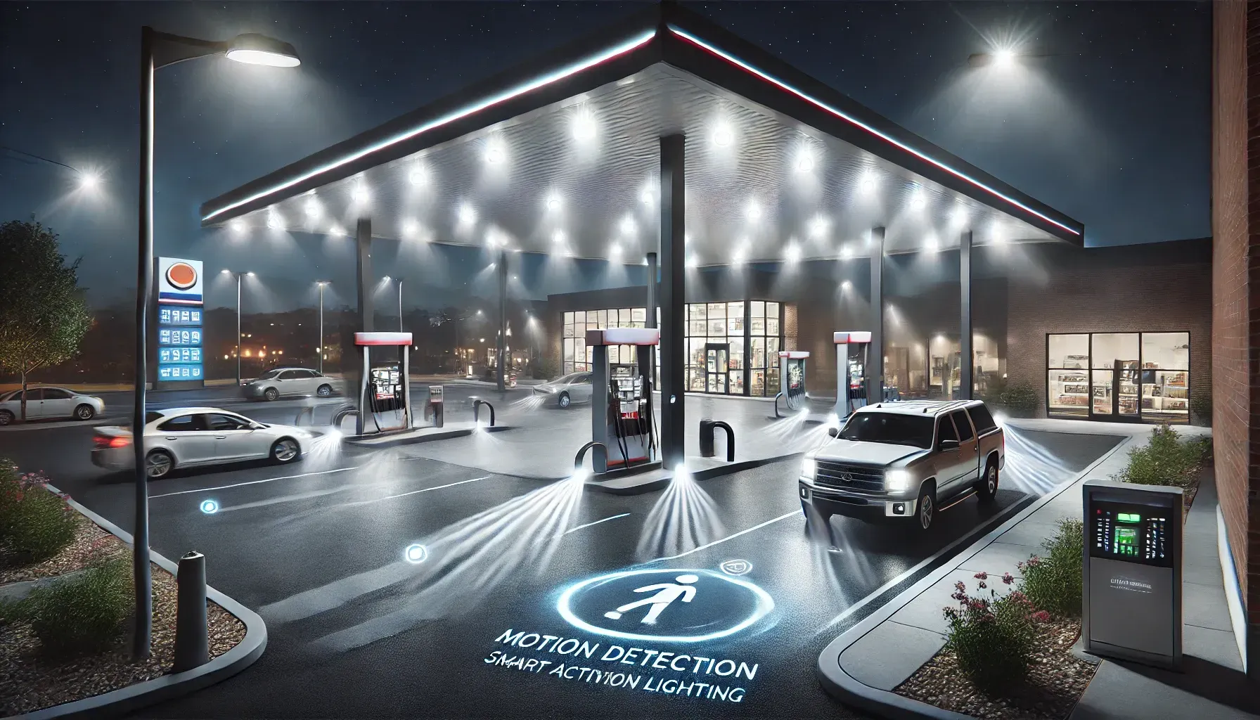 An artist 's impression of a gas station at night.